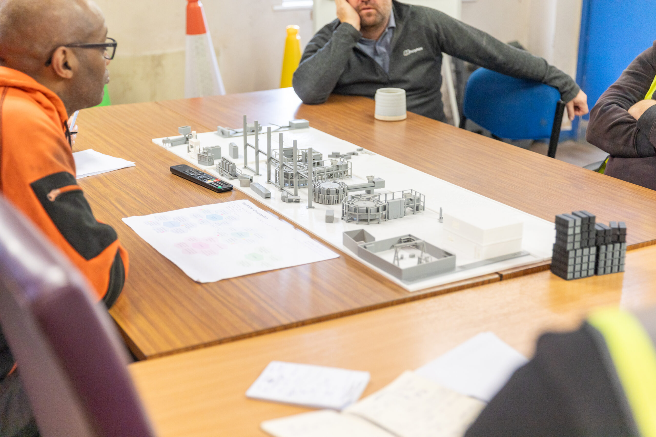Heyside Group team meeting with 3D printed products in the centre of the table