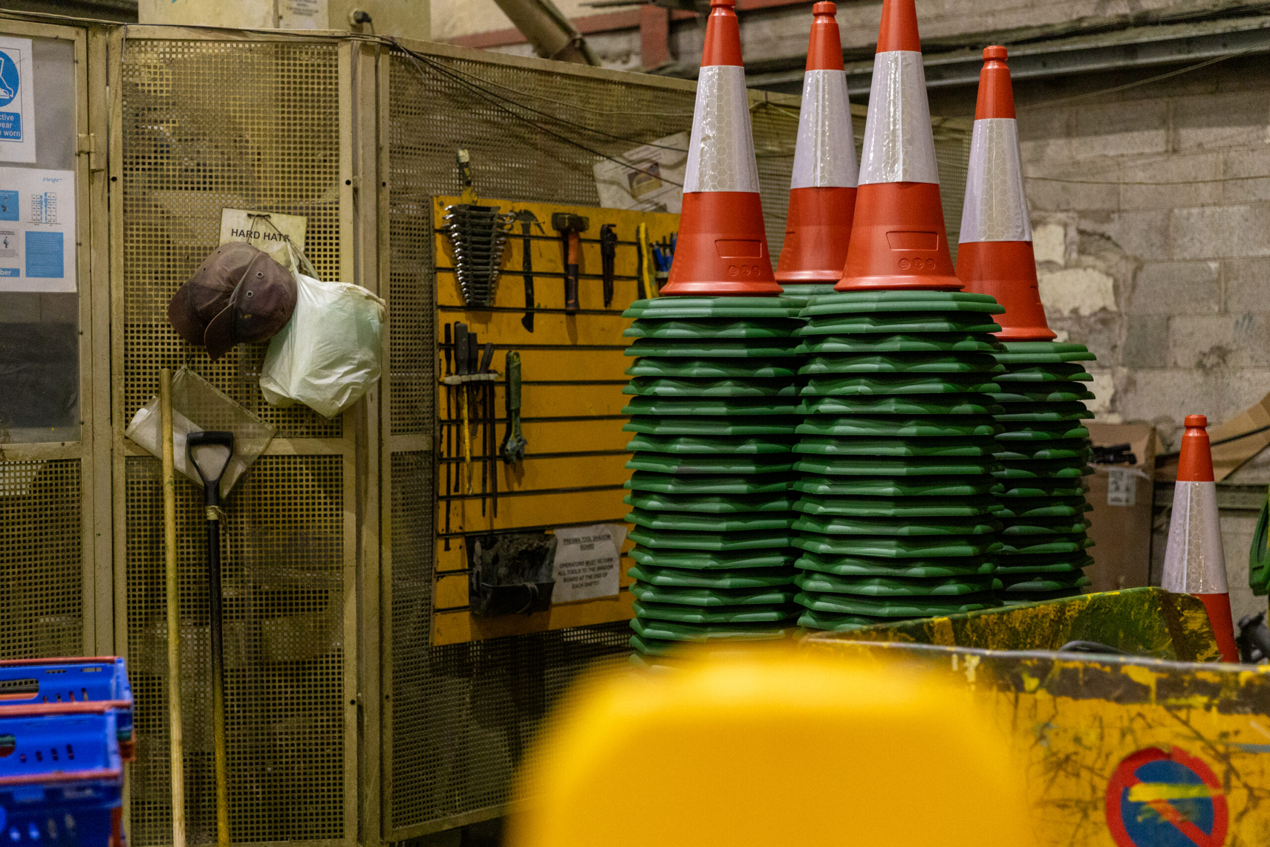Traffic cones inside factory